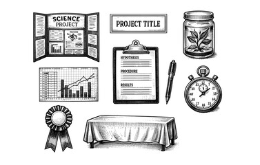 Vintage science fair elements with graphs, jar, stopwatch, and award ribbon