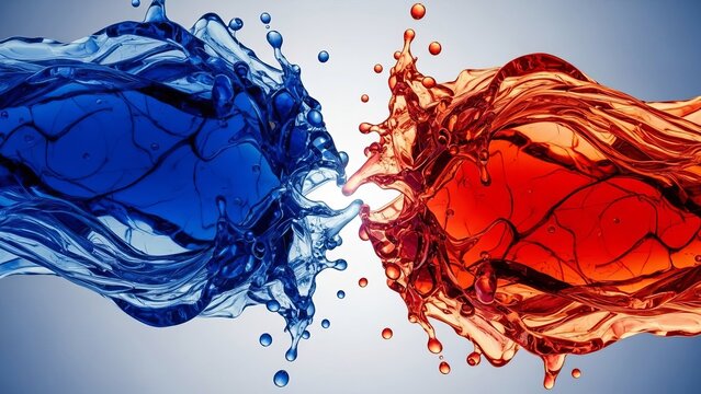 Dynamic clash of vibrant blue and fiery red liquid splashes creating an energetic, abstract fusion. - Powered by Adobe