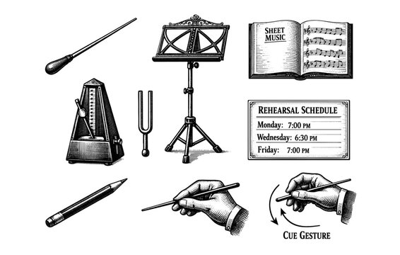 Vintage music tools: metronome, sheet music, tuning fork, stand, conductor baton, schedule