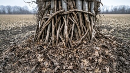 Tangled mess of dead leaves and branches collected around a tree trunk in an outdoor field