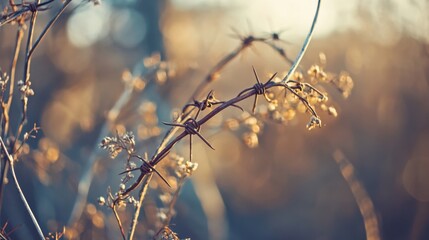 Tangled rusted fragments of barbed wire caught on low dry plants in the soft light of day