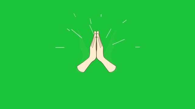 Animated praying hands gesture with light rays on green screen, gratitude thank you symbol motion graphic loop