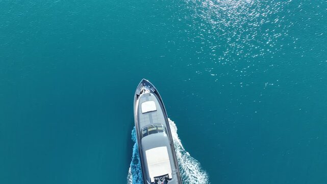 Sleek Vessel's Voyage: An aerial view captures a sleek, luxurious yacht gracefully navigating the endless expanse of turquoise water, symbolizing travel, luxury, and the allure of the open sea.
