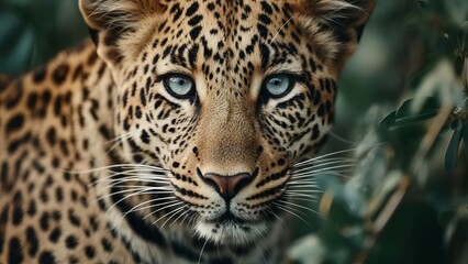 Fototapeta premium Intense blue eyes of a majestic leopard peering through lush green foliage.