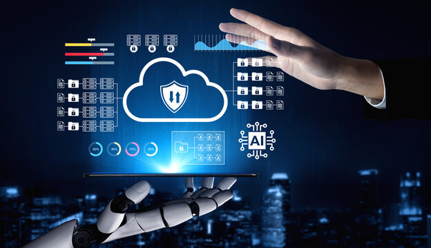 A stunning visual representation of the interaction between a robotic hand and a human hand, emphasizing data security, cloud storage, and the role of artificial intelligence in technology. Gantry - Powered by Adobe