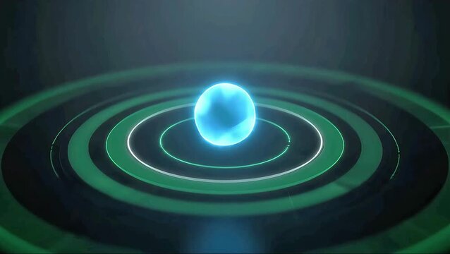 A glowing blue orb rests on a dark, circular platform with concentric green rings, emitting a soft light in a dim environment.