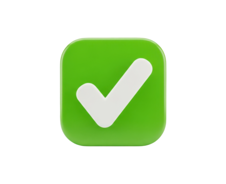 Green square checkmark button icon isolated on transparent background with glossy finish and rounded corners - Powered by Adobe