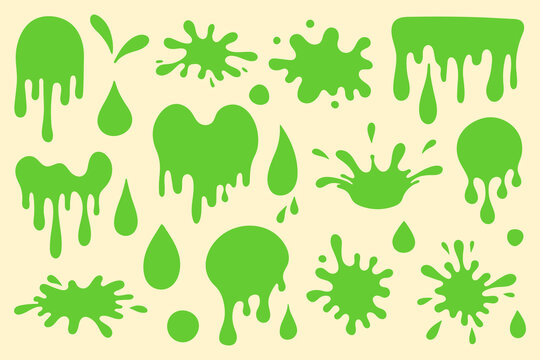 Hand drawn vector set with green slime drips, drops and splashes. Simple flat style with smooth organic shapes. Perfect for Halloween designs, toxic elements, spooky graphics and cartoon decorations.