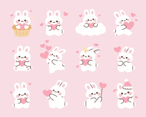 Adorable kawaii bunny character set holding hearts in various poses. Cute white rabbits, pastel colors, romantic mood, perfect for Valentines Day cards, stickers, patterns, kids design and sweet illus