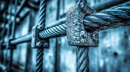 Thick braided steel cables secured by robust metal fasteners in an industrial setting showing intricate texture and detail