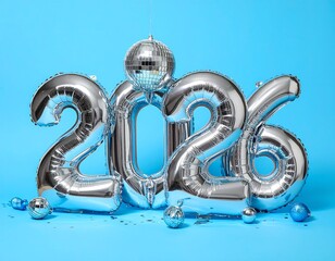 Silver foil balloons shaped as numbers 2026, with disco ball topper, and scattered baubles. Backdrop is light blue