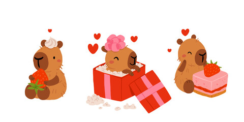 Naklejka premium A set of flat vector illustrations in a simple children's style on the theme of valentine's day. Cute capybaras with hearts and wings on white background, captions