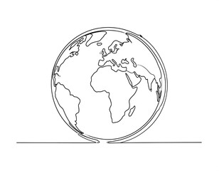 Simple, elegant, continuous line drawing of the Earth globe against a pristine white background. The continents are subtly defined