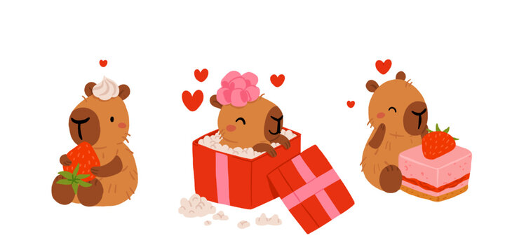 A set of flat vector illustrations in a simple children's style on the theme of valentine's day. Cute capybaras with hearts and wings on white background, captions