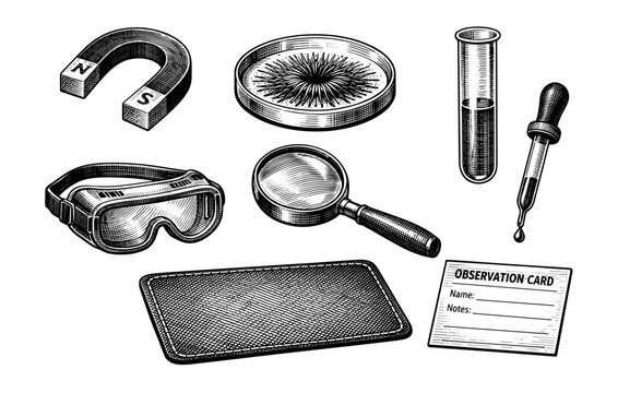 Vintage science laboratory tools vector set with magnifying glass and magnet
