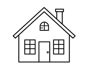 Simple line drawing depicting a house with a gabled roof, chimney, windows, and door