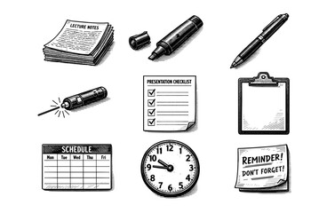 Office supplies collection: clipboard, schedule, notes, highlighter, pen, clock