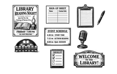Library reading night event elements: schedule, sign-up, and welcome sign graphics