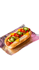Delicious hot dog with toppings presented on foil on transparent background