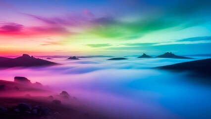 Fototapeta premium Magical rainbow sky illuminates misty mountain landscape at dawn