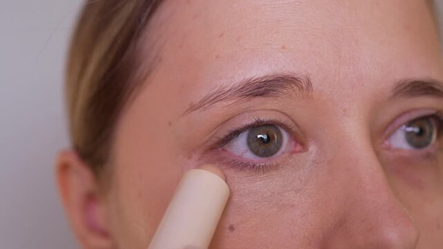 Close up of young blonde  woman applying concealer stick under eye area. Natural makeup, skincare routine, correcting dark circles, smooth glowing skin, beauty cosmetics application, soft light