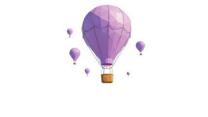 Low poly hot air balloons in pastel purple floating gracefully on transparent background