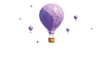 Stylized purple hot air balloons floating in the air on transparent background