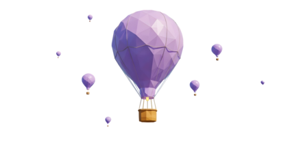 Stylized purple hot air balloons floating in the air on transparent background
