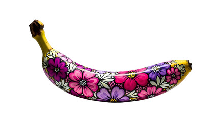 A vibrant banana adorned with colorful floral patterns on transparent background