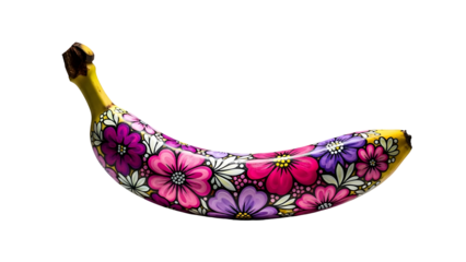 A vibrant banana adorned with colorful floral patterns on transparent background