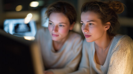 Healthcare professionals review a prenatal scan where the fetus is seen with an umbilical cord, emphasizing maternal health, early diagnostics, and ultrasound technology. cinematic color