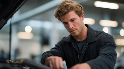 Under workshop lighting, a technician focuses on installing a chip powered tuning box onto the car’s engine, emphasizing precision and electronic integration. cinematic color correction, natural