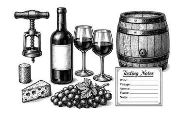 Obraz premium Vintage wine set with bottle, glasses, barrel, grapes, cheese, corkscrew, and tasting notes