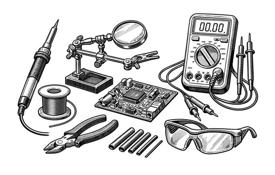 Vintage electronics toolkit with multimeter and soldering iron illustration