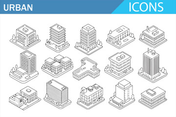 Naklejka premium Urban city building icons set in clean outline style showing modern skyscrapers, offices, apartments and commercial buildings, minimal vector symbols isolated on white background