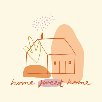 Modern abstract cartoon whimsical little country house town rural landscape art. Scandinavian style doodle boho adorable hand-drawn childish collage print. Nordic design for interior and other. Vector