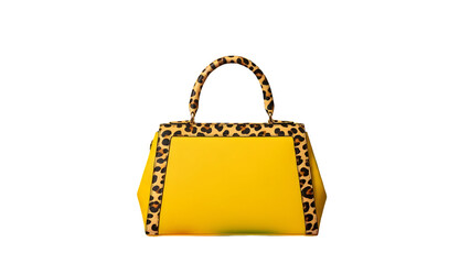 Stylish yellow and leopard print handbag with a handle on transparent background