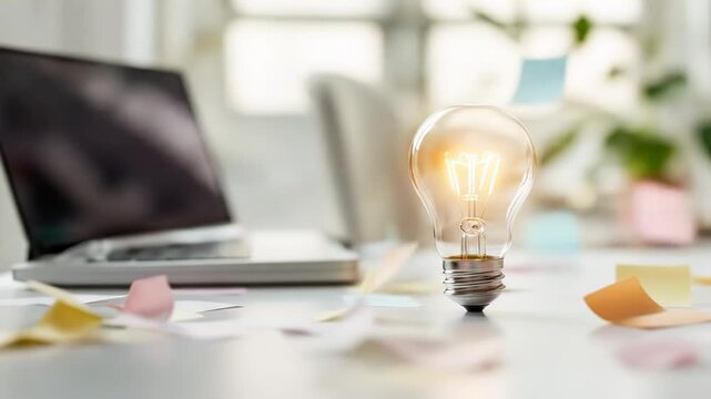 Light bulb glowing brightly on a cluttered desk with scattered sticky notes and open laptop, symbolizing creativity and innovation in a modern office setting