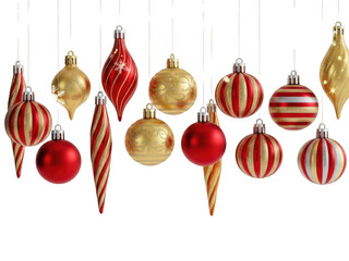 Hanging christmas ornaments in red and gold isolated on transparent background