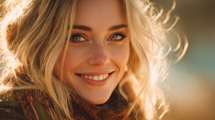 Fototapeta premium Close up of a cheerful young blonde woman in warm tones