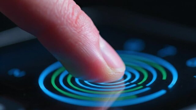 Finger interacting with futuristic touch-sensitive control panel