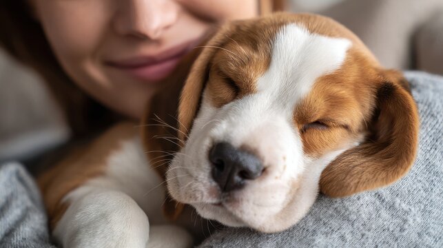 Cute Beagle puppy naps on its young owner s shoulder as she relaxes and pets it happily in their living room