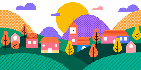Fototapeta premium Colorful illustration of a whimsical village scene with houses hills and sun