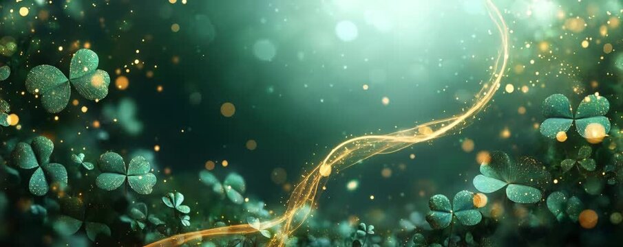 Green shamrocks and clovers creating a lucky field with golden light stream entering from top. Abstract bokeh adding sparkle