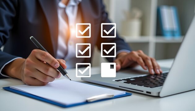Business checklist approval with laptop and pen.