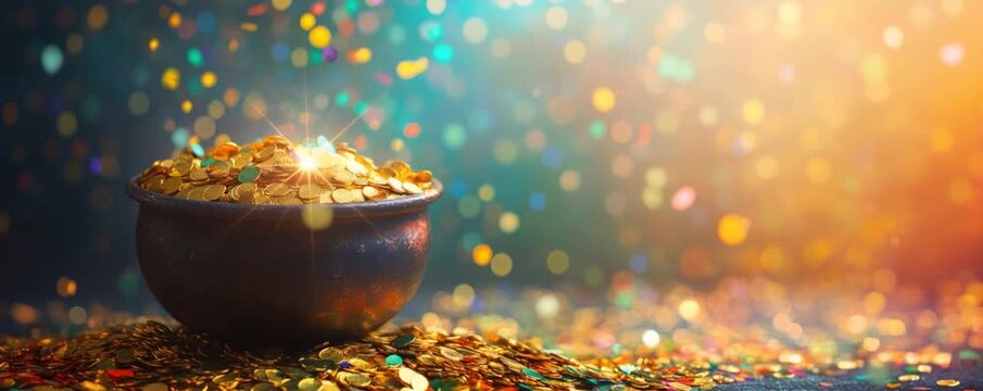 Pot of gold coins overflowing, with sparkling glitter and colorful bokeh creating a magical glow, symbolizing luck and prosperity