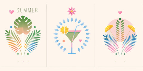 Tropical summer illustrations featuring leaves drinks and heart motifs in pastel shades © Sanjoy