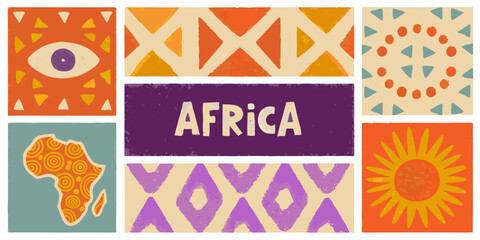 Colorful african patterns and continent map with bold text illustration © Sanjoy