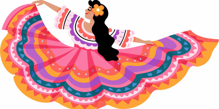 A vibrant illustration of a woman in a traditional mexican folk dress