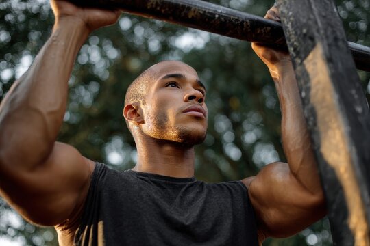 Fit young man performing pull ups outdoors